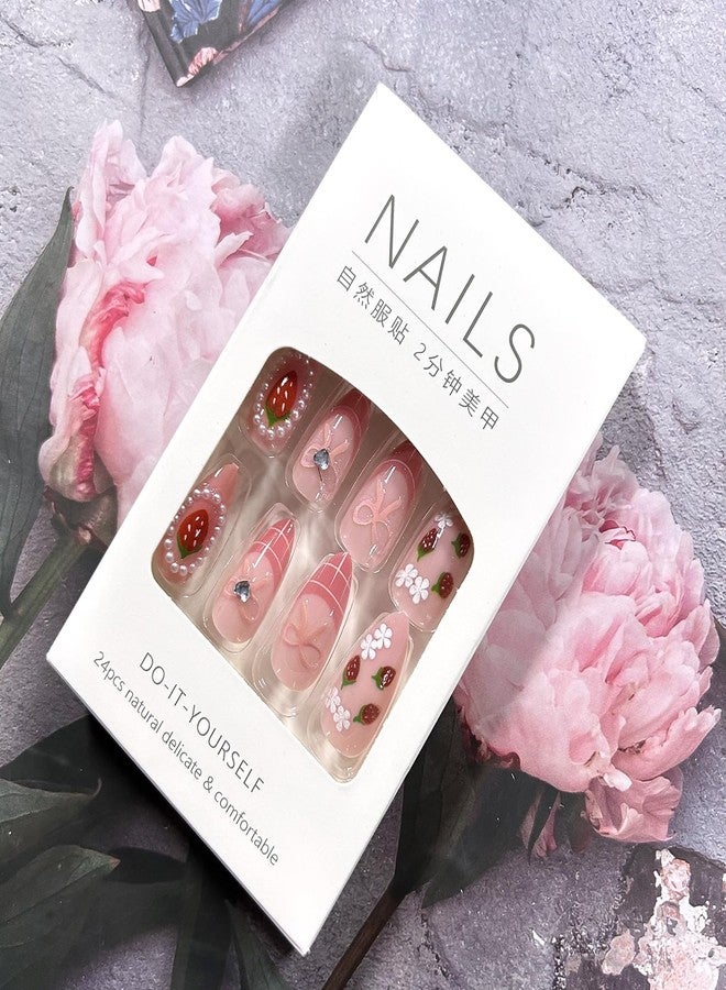 CJDLTS Flower Press on Nails Medium Almond Shaped Artificial Acrylic Nail French 3D Strawberry Floral Bow with Rhinestones Stick on Nails Full Cover Glue on Nail Artificial Fingernails for Women Manicure - Image 5